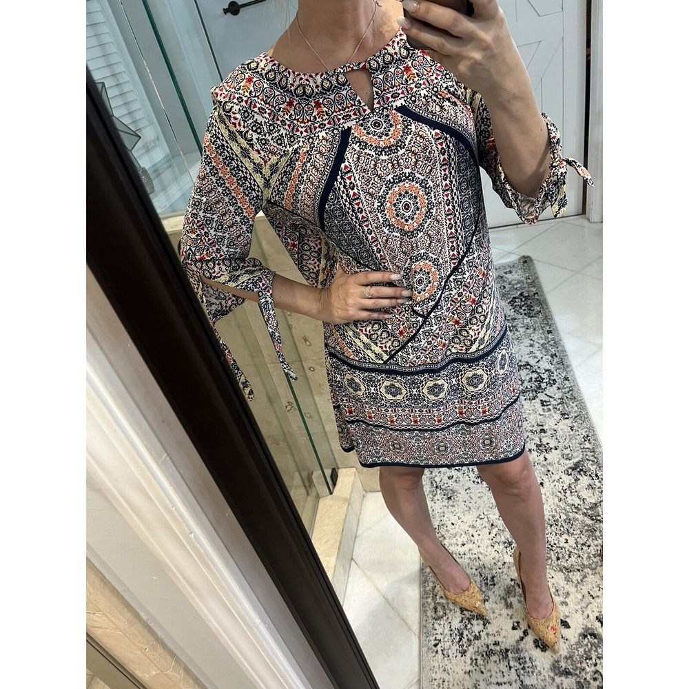 Chico's Floral Paisley Print 3/4 Sleeve Jersey Dress 2 Petite Multicolor Boho